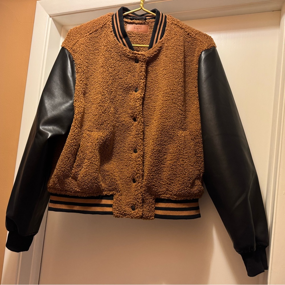 Blank NYC Varsity Bomber Sherpa Jacket Brown and Black